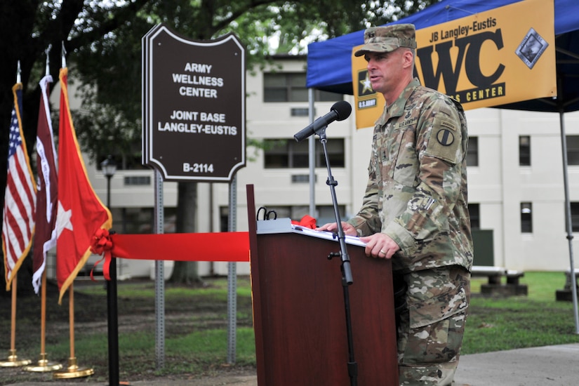 U.S. Army Maj. Gen. Malcolm B. Frost, Center for Initial Military Training commander and Joint Base Langley-Eustis Senior Army Element commander, gives remarks during the Army Wellness Center ribbon-cutting ceremony at Joint Base Langley-Eustis, Aug. 11, 2017.