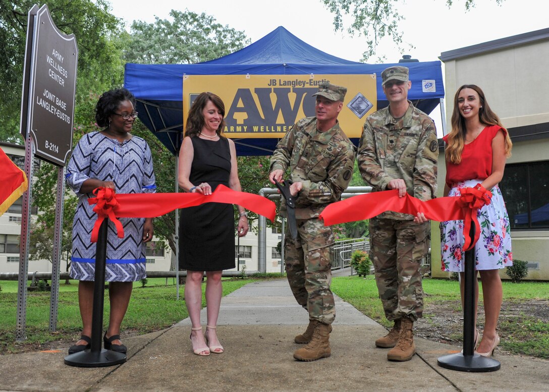 U.S. Army Maj. Gen. Malcolm B. Frost, Center for Initial Military Training commander and Joint Base Langley-Eustis Senior Army Element commander, center, cuts the Army Wellness Center ribbon during a ceremony at Joint Base Langley-Eustis