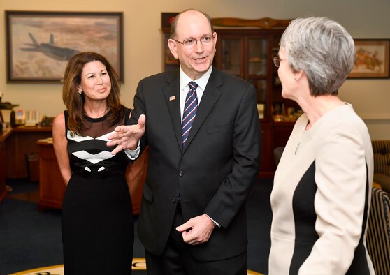 Secretary of the Air Force Heather Wilson congratulates undersecretary of the Air Force Matthew Donovan and his wife, Katherina Donovan, before his swearing-in ceremony at the Pentagon in Arlington County, Va., Aug. 11, 2017. (U.S. Air Force photo/Scott M. Ash)