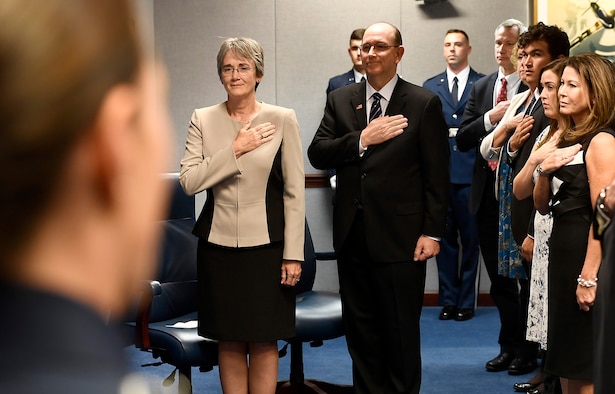 Secretary of the Air Force Heather Wilson and to-be sworn in undersecretary of the Air Force Matthew Donovan stand during the National Anthem at his swearing-in ceremony at the Pentagon in Arlington County, Va., Aug. 11, 2017. (U.S. Air Force photo/Scott M. Ash)
