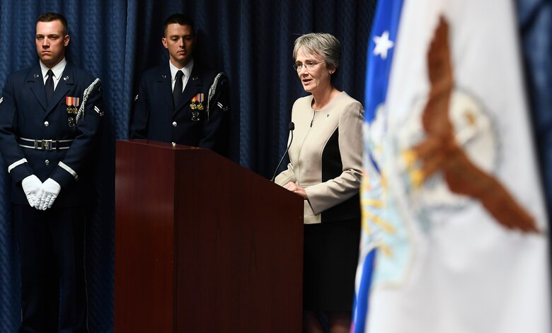 Secretary of the Air Force Heather Wilson congratulates undersecretary of the Air Force Matthew Donovan during his swearing-in ceremony at the Pentagon in Arlington County, Va., Aug. 11, 2017. (U.S. Air Force photo/Scott M. Ash)