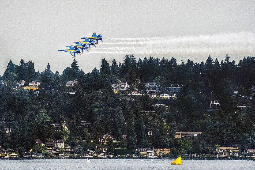 Four aircraft fly in formation over a lake and lakeside houses.