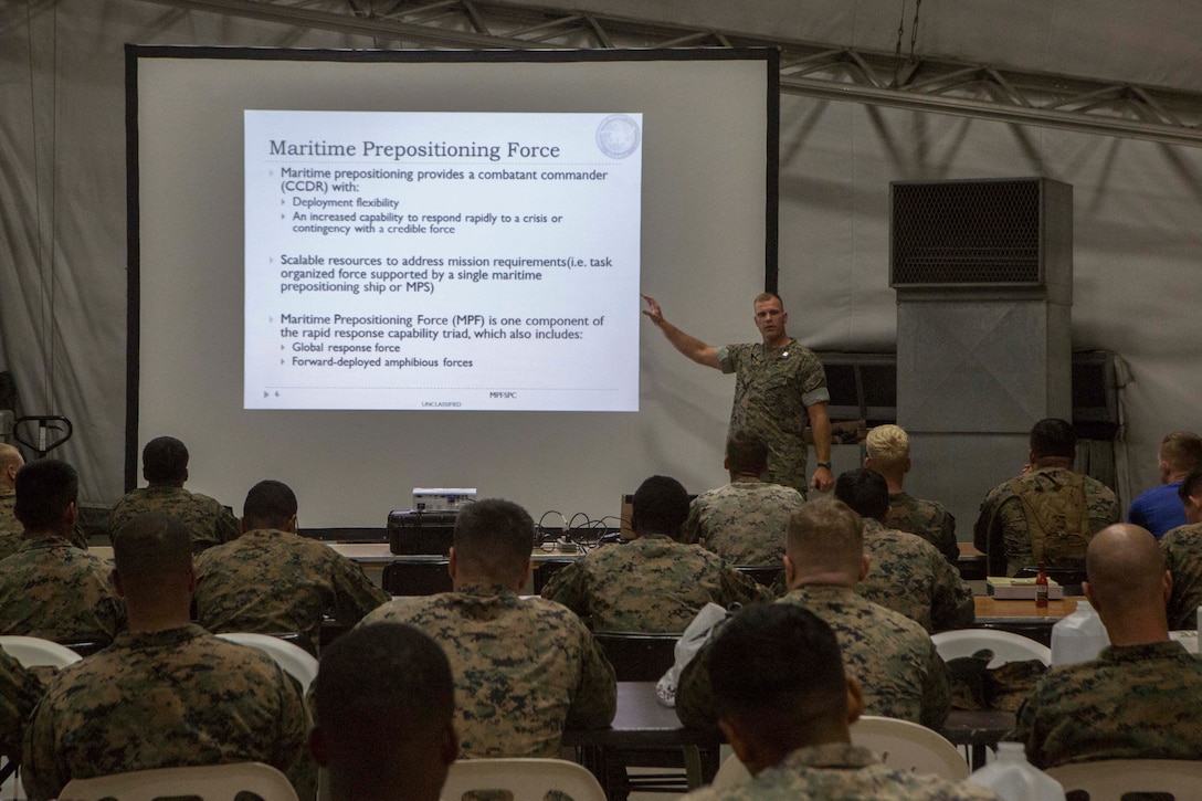 Marines learn about the doctrine of amphibious logistics before a maritime preposition force exercise at Blount Island, Fla., Aug. 9, 2017.