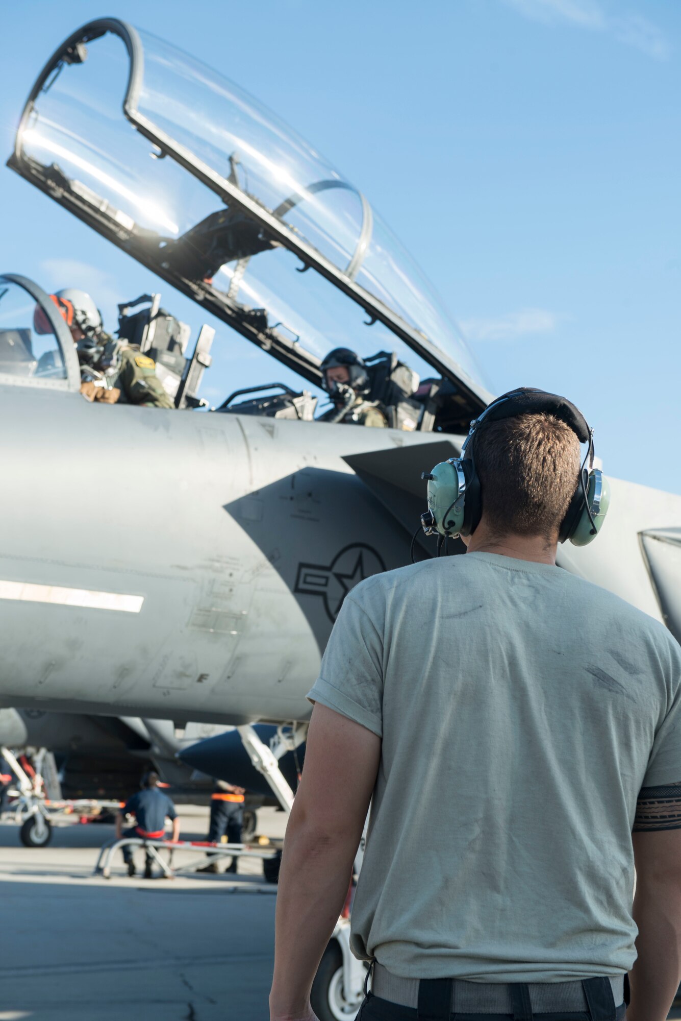 A pilot from the 391st Fighter Squadron prepares before take-off August 8, 2017, at Eielson Air Force Base, Idaho. Airmen from the 391st from Mountain Home Air Force Base, Idaho demonstrate their tactical prowess during Red Flag Alaska 17-3. (U.S. Air Force photo by Senior Airman Malissa Armstrong/Released)