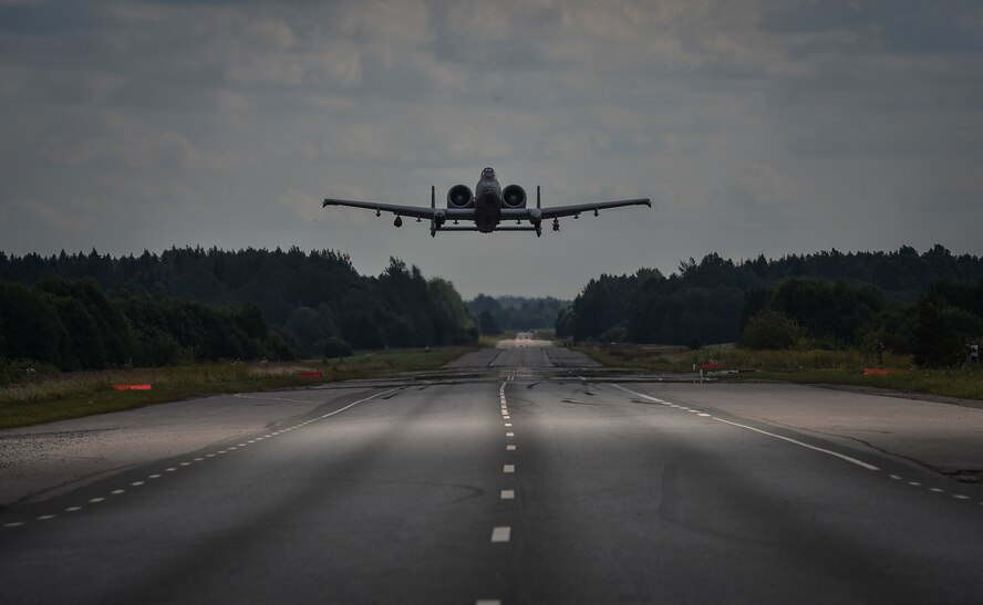A U.S. Air Force A-10 Thunderbolt II aircraft with the Maryland Air National Guard's 104th Fighter Squadron takes off on Jägala-Käravete Highway, Aug. 10, 2017, in Jägala, Estonia. A small force of eight Special Tactics combat controllers assigned to the 321st Special Tactics Squadron surveyed the two-lane highway, deconflicted airspace and exercised command and control on the ground and in the air to land A-10s on the highway. (U.S. Air Force photo by Senior Airman Ryan Conroy)