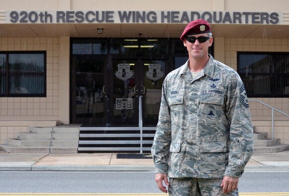 Command Chief Master Sgt. Douglas Isaacks, took over as the 920th Rescue Wing's top enlisted member Aug. 6, 2017 at Patrick Air Force Base, Florida. Isaacks, a San Antonio, Texas, native carries more than 18 years of pararescue experience and has been a Citizen Airman since March 2009. (U.S. Air Force photo/Maj. Cathleen Snow)