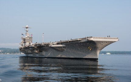 The Nimitz-class aircraft carrier USS John C. Stennis (CVN 74) transits Puget Sound Aug. 11, 2017. John C. Stennis is underway for sea trials three days ahead of schedule during a planned incremental availability (PIA) at Puget Sound Naval Shipyard and Intermediate Maintenance Facility. During PIA, the ship and shipyard team accomplished the largest work package ever for an aircraft carrier in a six-month availability.  (U.S. Navy photo by Mass Communication Specialist 3rd Class Dakota Rayburn)