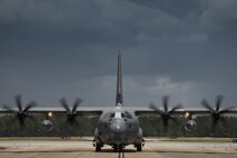 An HC-130J Combat King II from the 71st Rescue Squadron taxis towards the parking ramp during Stealth Guardian, Aug. 9, 2017, at Tyndall Air Force Base, Fla.