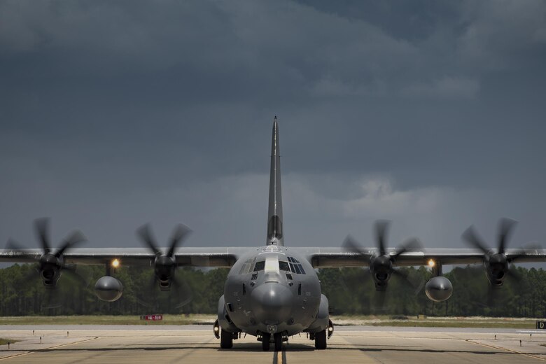 An HC-130J Combat King II from the 71st Rescue Squadron taxis towards the parking ramp during Stealth Guardian, Aug. 9, 2017, at Tyndall Air Force Base, Fla.