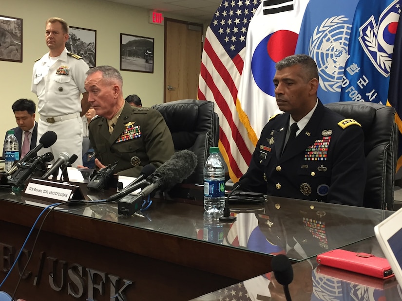 Marine Corps Gen. Joe Dunford, chairman of the Joint Chiefs of Staff, and Army Gen. Vincent K. Brooks, the U.S. Forces Korea commander, answer media questions.