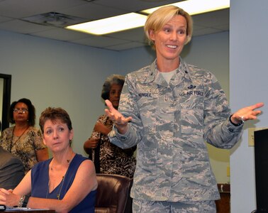 Brig. Gen. Heather Pringle, 502nd Air Base Wing and Joint Base San Antonio commander, speaks to attendees at the start of the Air Force Community Partnership Program Public-Public; Public-Private Partnerships Meeting at the Alamo Area Council of Governments Aug. 10.