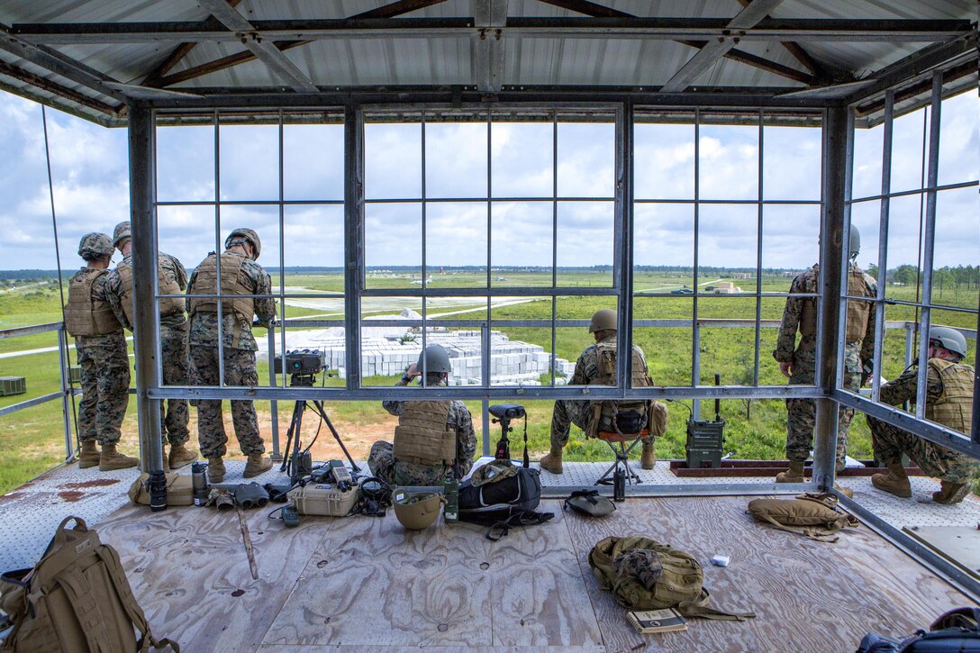 Marines with 4th Air Naval Ground Liaison Company and 6th ANGLICO, Force Headquarters Group, Marine Forces Reserve, and 3rd Force Reconnaissance Company, 4th Marine Division, MARFORRES, participate in the final exercise of the  4th ANGLICO sponsored Joint Fires Observer primer course at Avon Park Air Force Range in Avon Park, Florida, Aug. 11, 2017.