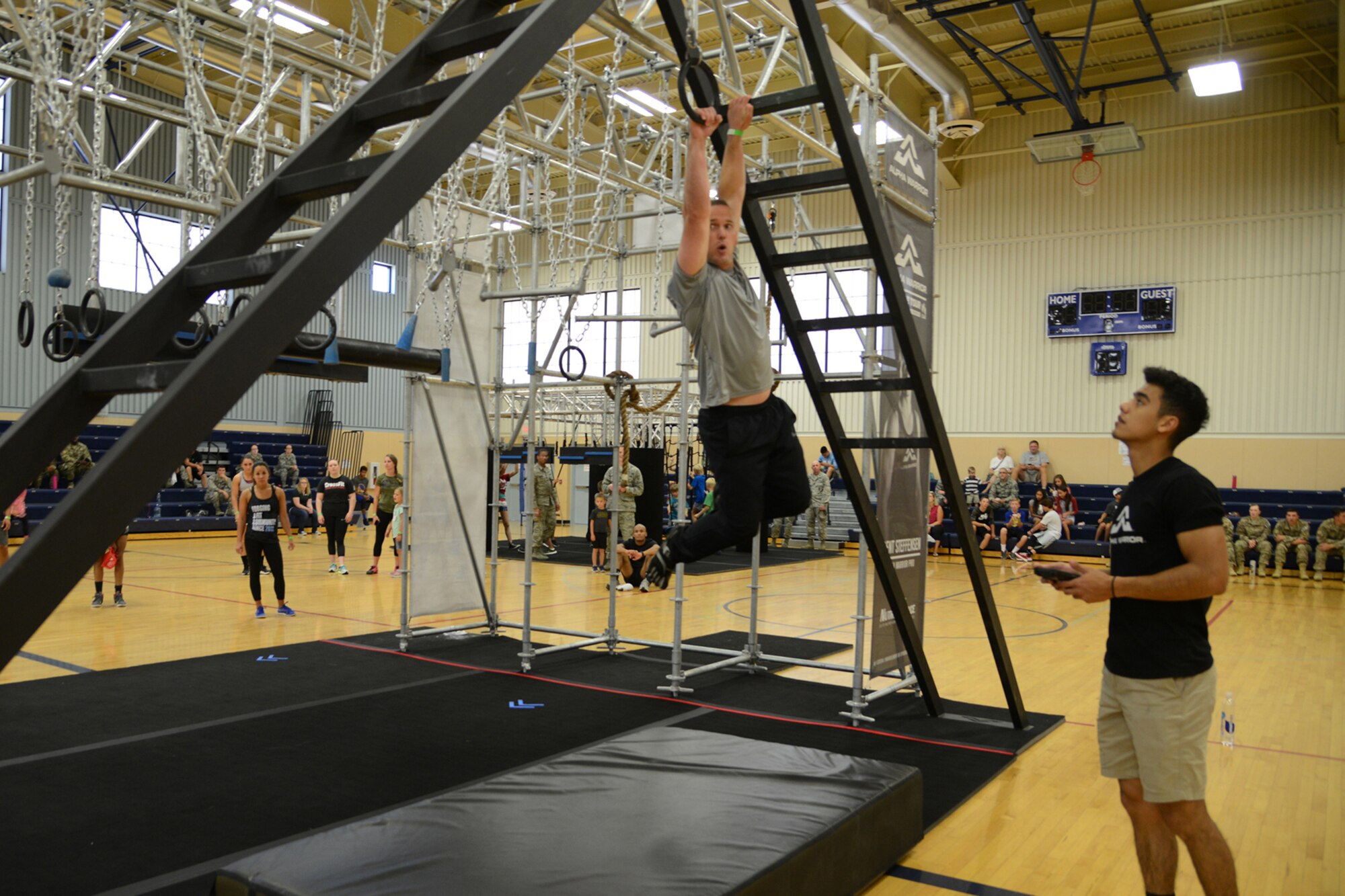 Maj. Christopher Thompson, 341st Missile Wing Inspector General director of inspections, focuses on his transition to the decline devil steps during an Alpha Warrior competition Aug. 9, 2017, at Malmstrom Air Force Base, Mont.
