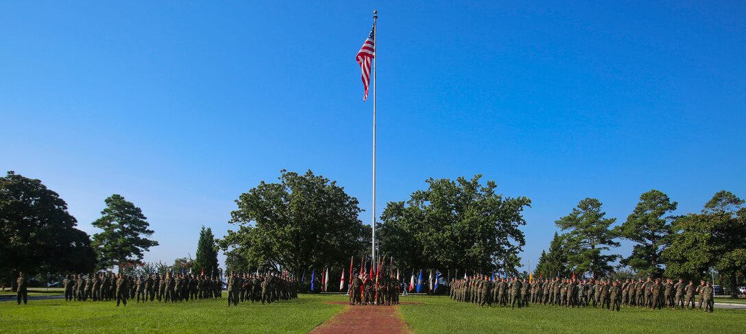 Marines stand in formation during a redesignation ceremony, during which II Marine Expeditionary Force Headquarters Group was renamed II MEF Information Group at Camp Lejeune, N.C., July 21, 2017. The unit’s redesignation to II MIG is the first visible action complimentary to the forthcoming capabilities that support the Commandant’s priorities to modernize the force and develop increased capability in the information environment.