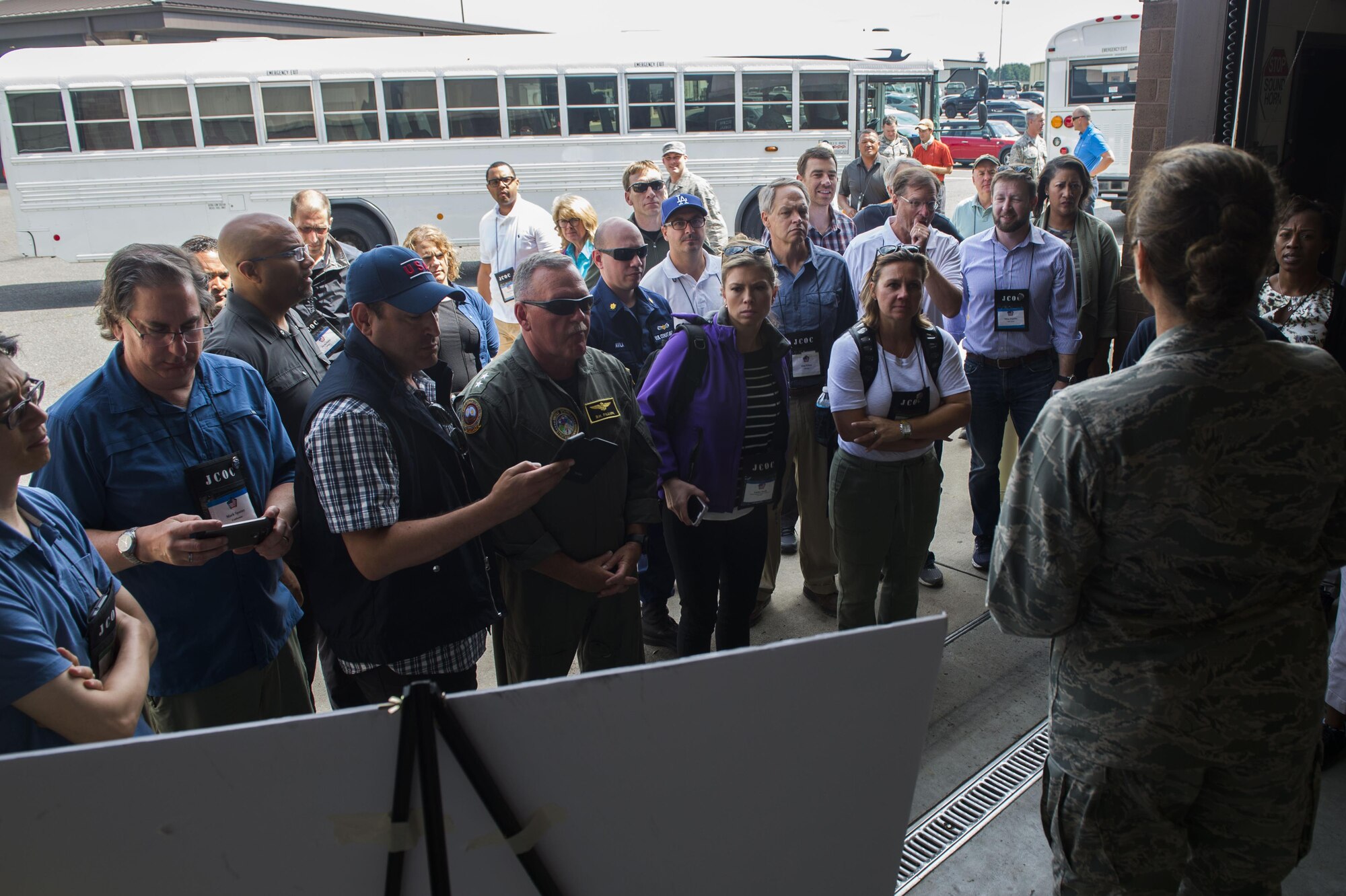 Col. Marlena Parker, 621st Contingency Response Wing individual mobilization augmentee, speaks to  Joint Civilian Orientation Course participants during a tour of the 621st CRW at Joint Base McGuire-Dix-Lakehurst, N.J., August 11, 2017. The JCOC Program offers unprecedented engagement with senior DoD officials, service members and military training exercises. (U.S. Air Force photo by Tech. Sgt. Gustavo Gonzalez/RELEASED)