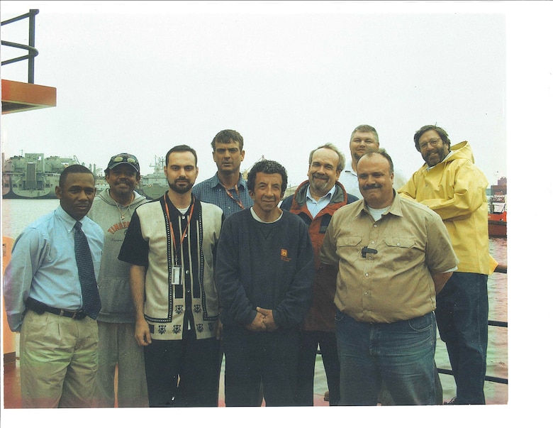 Harold Catlett, second from left, is pictured here with colleagues from the Hydrographic Survey Section of the U.S. Army Corps of Engineers, Baltimore District, including Steve Golder on the left and Tony Sazlakis in the long-sleeved sweater in the middle.