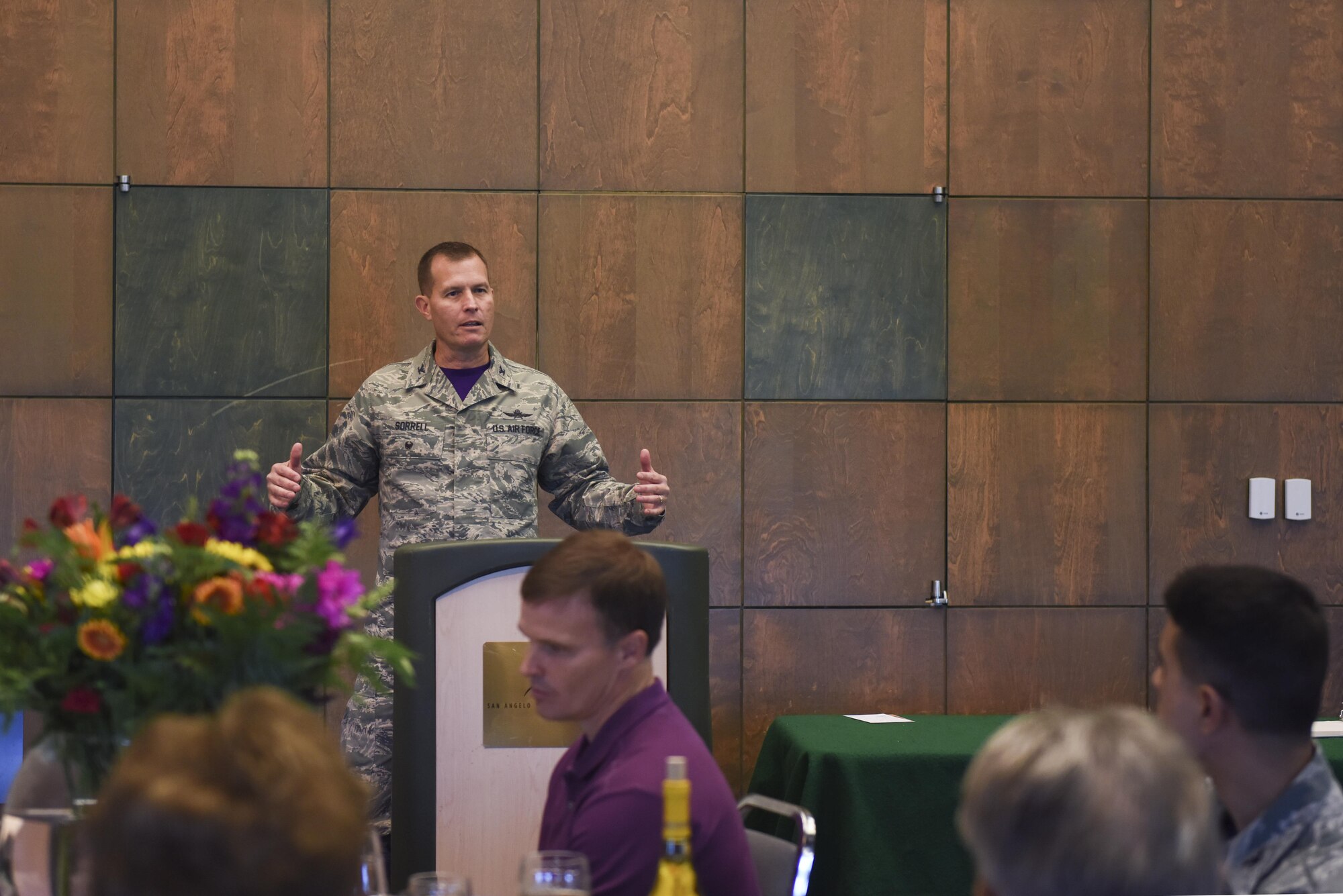 U.S. Air Force Col. Jeffrey Sorrell, 17th Training Wing vice commander, speaks to San Angelo civic leaders about the STARBASE program at the San Angelo Museum of Fine Arts, San Angelo, Texas, Aug. 11, 2017. The program engages elementary students through hands-on experiential activities like metric measurement, estimation, calculation geometry and data analysis. (U.S. Air Force photo by Airman 1st Class Chase Sousa/Released)