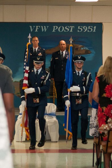 The Barksdale Honor Guard presents the colors during the retirement ceremony of Master Sgt. Johnny Cunefare, Aug. 5, 2017, at the Veterans of Foreign Wars Post 5951, Bossier City, La.