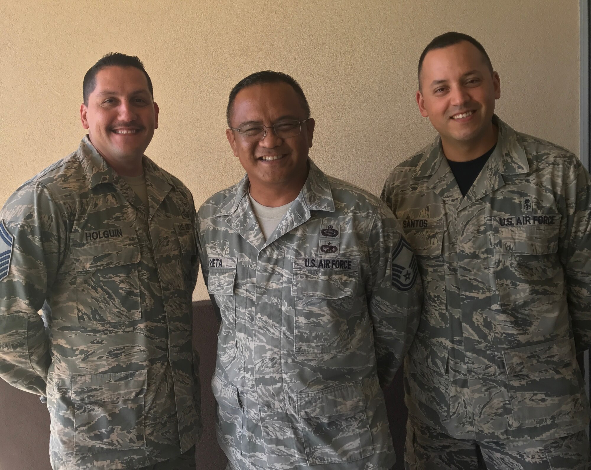 Four 624th Regional Support Group Reserve Citizen Airmen were placed on the Air Force Reserve Command 2017 Enlisted Key Personnel List. From left to right: Senior Master Sergeants Jasen M. Holguin, Peter Y. Rieta and Edgardo A. Santos based out of Joint Base Pearl Harbor-Hickam, Hawaii, August 5, 2017. Not pictured: Senior Master Sgt. Andre N. Valentine. The enlisted KPL is published by AFRC annually; less than 15 percent of senior NCOs that apply make the list. Personnel named to this list are identified as potential future leaders for the Air Force Reserve. (U.S. Air Force photo by Master Sgt. Theanne Herrmann)