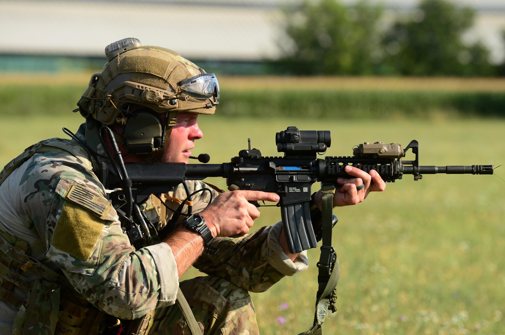 An Airman assigned to the 57th Rescue Squadron covers his team after a freefall jump during exercise Ares Shadow near Aviano, Italy, Aug. 9. During the exercise, RAF Lakenheath pararescuemen and combat rescue officers recovered a simulated downed pilot and participated in multiple jumps. (U.S. Air Force photo/Airman 1st Class Eli Chevalier)