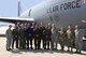 Members of the 157th Air Refueling Wing, the 64th Air Refueling Squadron, the United States Army and the Salvadoran Armed Forces pose for a group photo beside a Boeing KC-135 Stratotanker on August 10, 2017 at Pease Air National Guard Base, N.H.