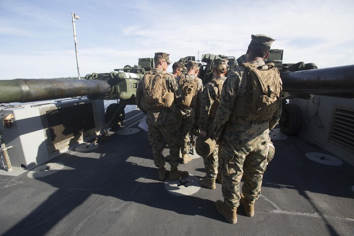 Marines drive a medium tactical vehicle replacement to a staging area during a maritime prepositioning force exercise at Blount Island, Fla., Aug. 10 - 11, 2017.