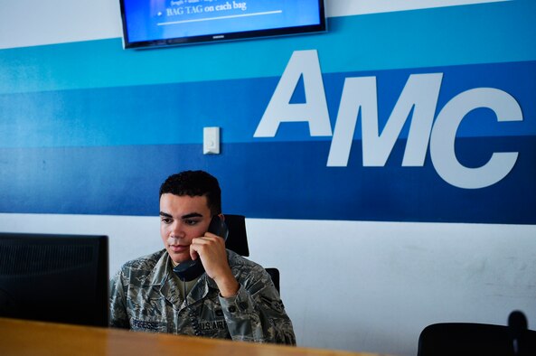U.S. Air Force Airman 1st Class Cody Nichols, 721st Aerial Port Squadron passenger services agent, answers the phone while working at the passenger service desk on Ramstein Air Base, Germany, Aug. 14, 2017. Space Available, commonly known as Space A, is a program at many U.S. Air Force installations around the world which allows military members, dependents, retirees, and certain civilians to ride an aircraft to a destination at either a very cheap price or no cost at all. (U.S. Air Force photo by Airman 1st Class Joshua Magbanua)