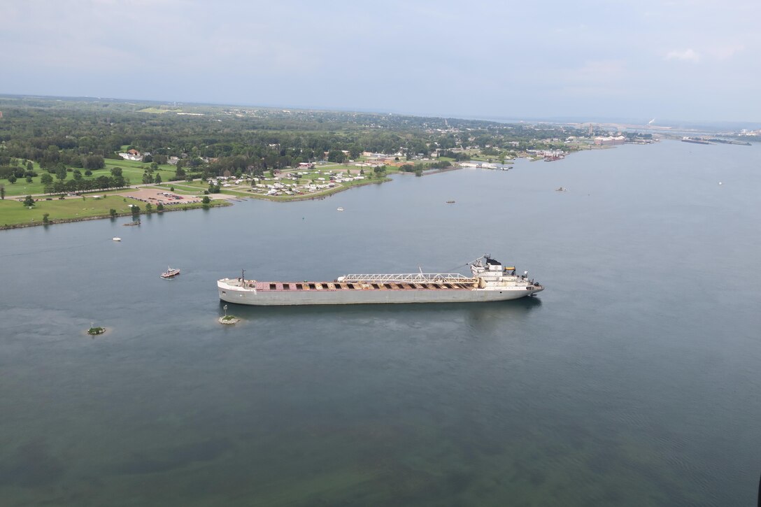 Photo of cargo vessel aground in the St. Mary's River, Michigan