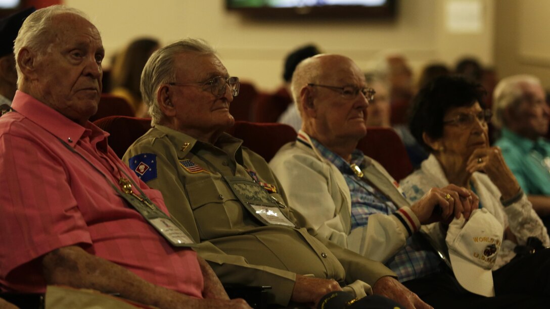 Retired Marine Raiders observe a presentation given at the annual Gold Star Families and Raider Reunion at 1st Marine Raider Battalion Headquarters on August 11, 2017. The reunion is held annually to honor the families of the fallen and to maintain ties to the original Marine Raiders. (U.S. Marine Corps photo by Lance Cpl. Lukas Kalinauskas)