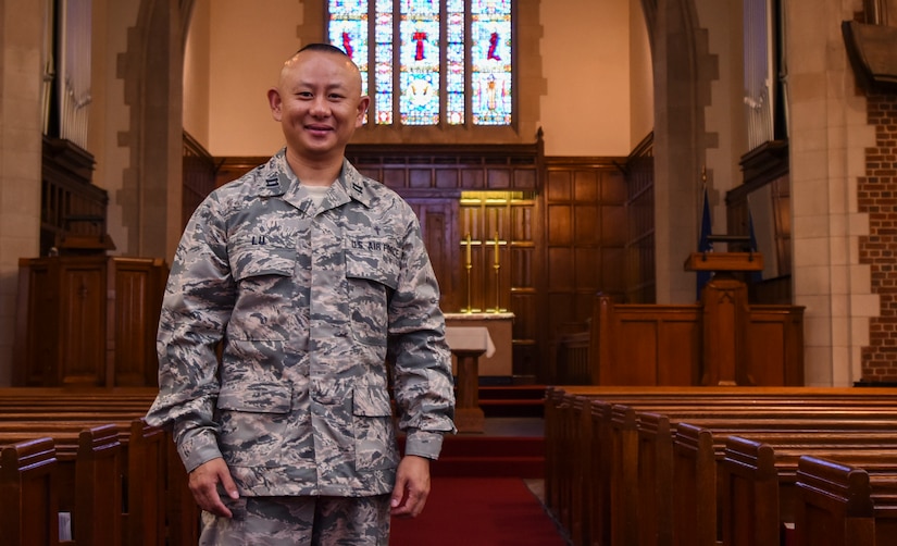 U.S. Air Force Capt. Alex Lu, 633rd Air Base Wing chaplain, visits the Langley Chapel at Joint Base Langley-Eustis, Va., July 25, 2017.
