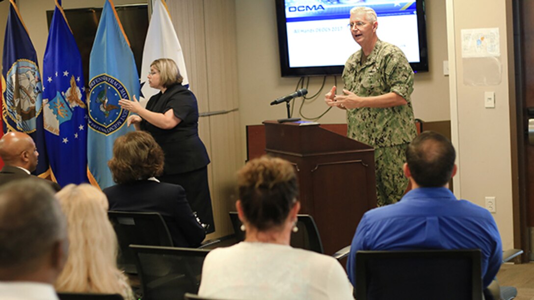 Defense Contract Management Agency director, Navy Vice Adm. David Lewis discusses his goals over the next few years to the agency during the first global all hands on July 26, 2017 at Fort Lee, Virginia. (DCMA photo by Elizabeth Szoke)