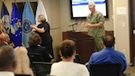 Defense Contract Management Agency director, Navy Vice Adm. David Lewis discusses his goals over the next few years to the agency during the first global all hands on July 26, 2017 at Fort Lee, Virginia. (DCMA photo by Elizabeth Szoke)