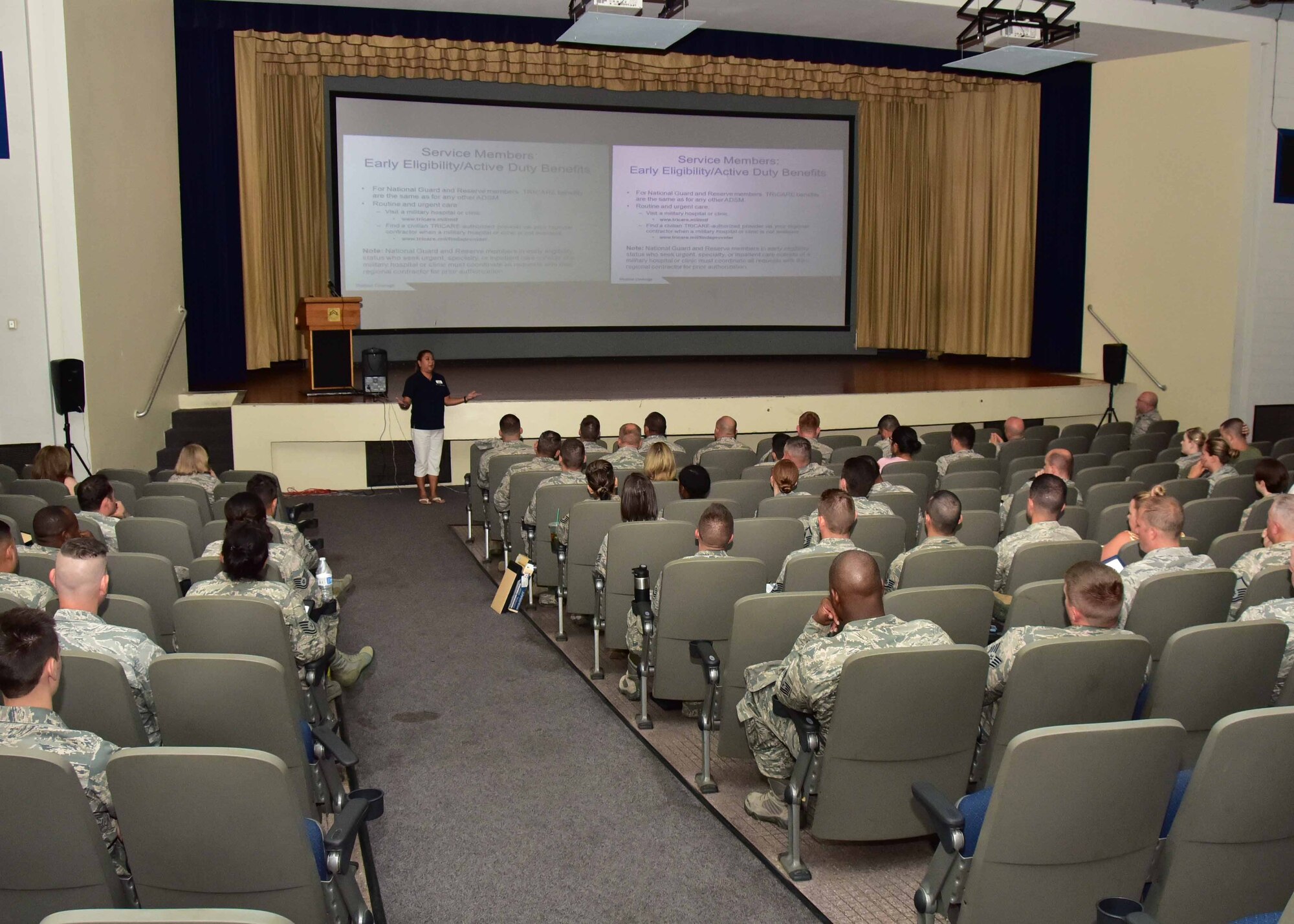 LUKE AIR FORCE BASE, Ariz.-944th Fighter Wing Reserve Citizen Airmen prepared for upcoming deployments later this year by attending a deployment brief August 6 at the base theater.

Over 120 Airmen and their family members attended the brief to become familiar with benefits and resources available to them before, during, and after the deployment.
During the event, resource advisors were available to answer questions during breaks and offered material to educate the service members.

The event was organized by the 944 FW Airman and Family Readiness office. For more information please contact 944 FW A&FR at 623-856-8324.