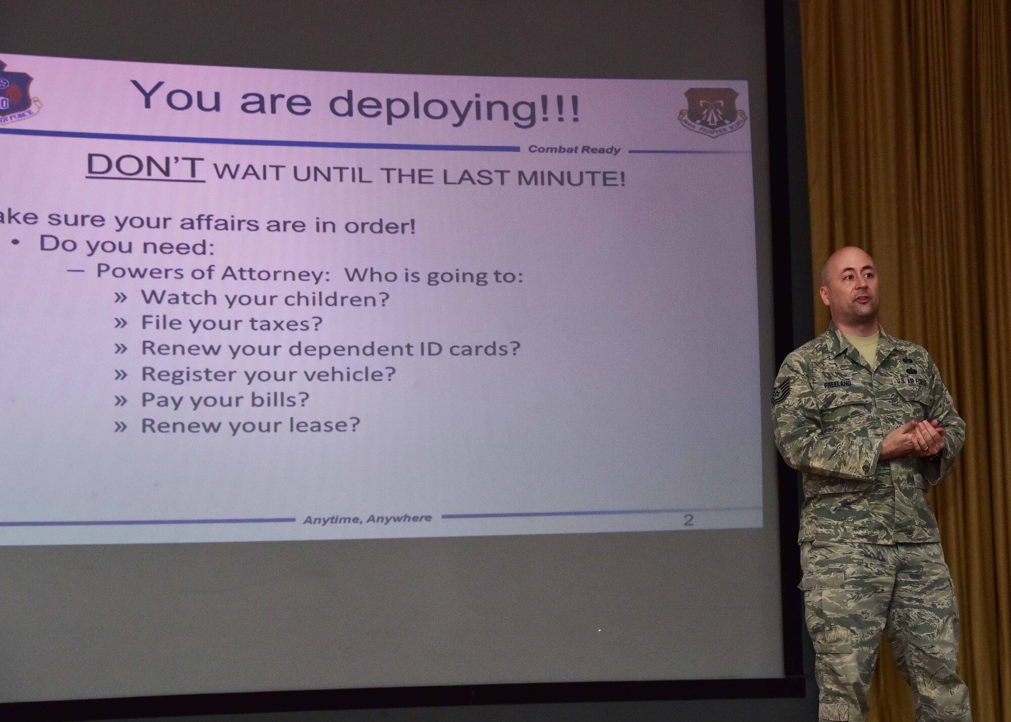 LUKE AIR FORCE BASE, Ariz.-944th Fighter Wing Reserve Citizen Airmen prepared for upcoming deployments later this year by attending a deployment brief August 6 at the base theater.

Over 120 Airmen and their family members attended the brief to become familiar with benefits and resources available to them before, during, and after the deployment.
During the event, resource advisors were available to answer questions during breaks and offered material to educate the service members.

The event was organized by the 944 FW Airman and Family Readiness office. For more information please contact 944 FW A&FR at 623-856-8324.