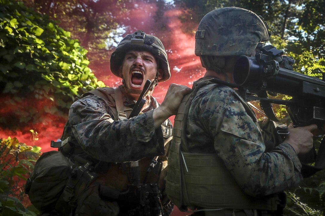 A Marine shouts in a wooded area as red smoke billows in the background.