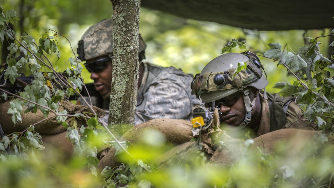 Two soldiers point weapons while crouching in a wooded area.