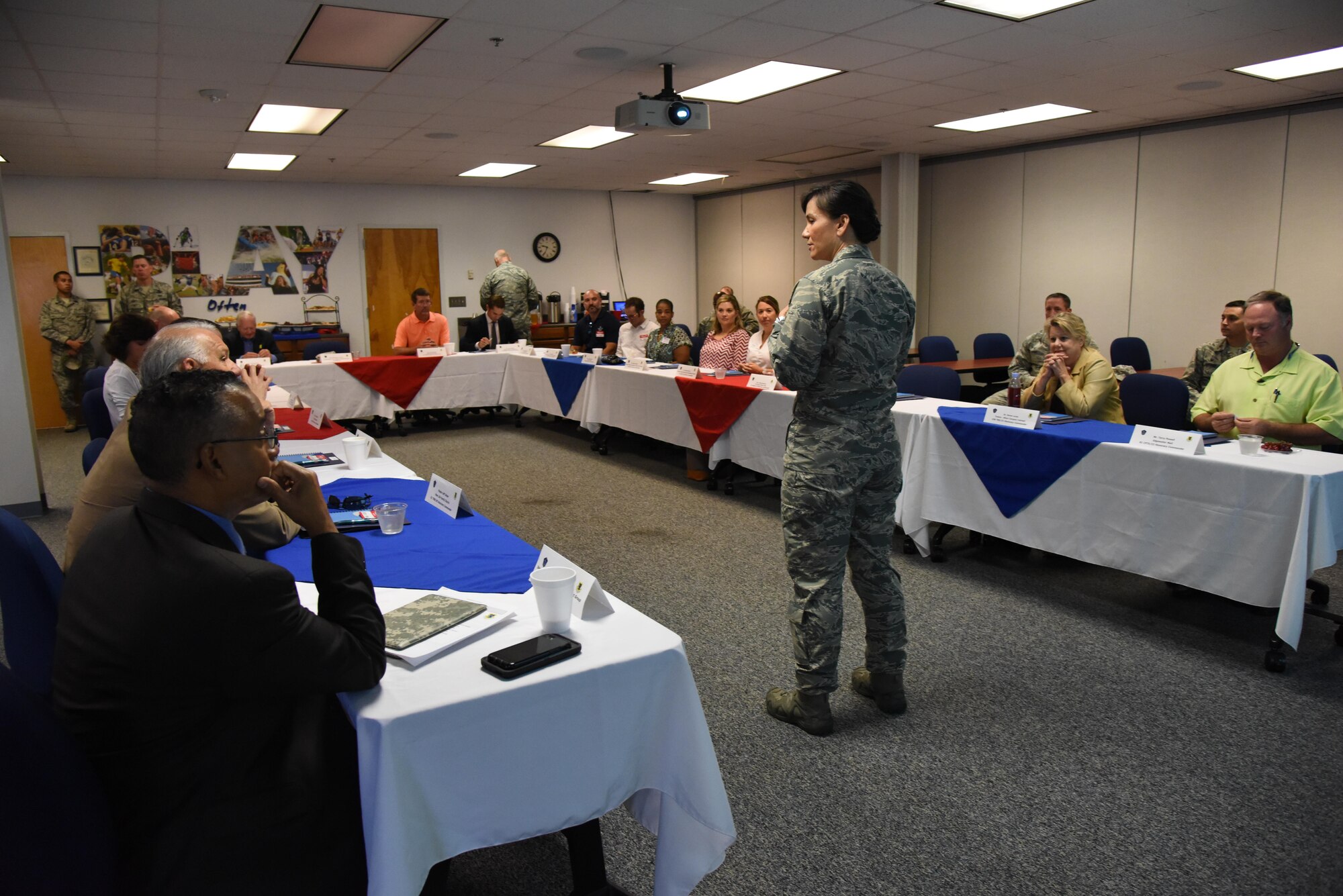 Col. Debra Lovette, 81st Training Wing commander, delivers welcoming remarks during an honorary commanders 81st Mission Support Group orientation tour in the Sablich Center Aug. 10, 2017, on Keesler Air Force Base, Miss. The honorary commander program is a partnership between base leadership and local civic leaders to promote strong ties between military and civilian leaders. (U.S. Air Force photo by Kemberly Groue)