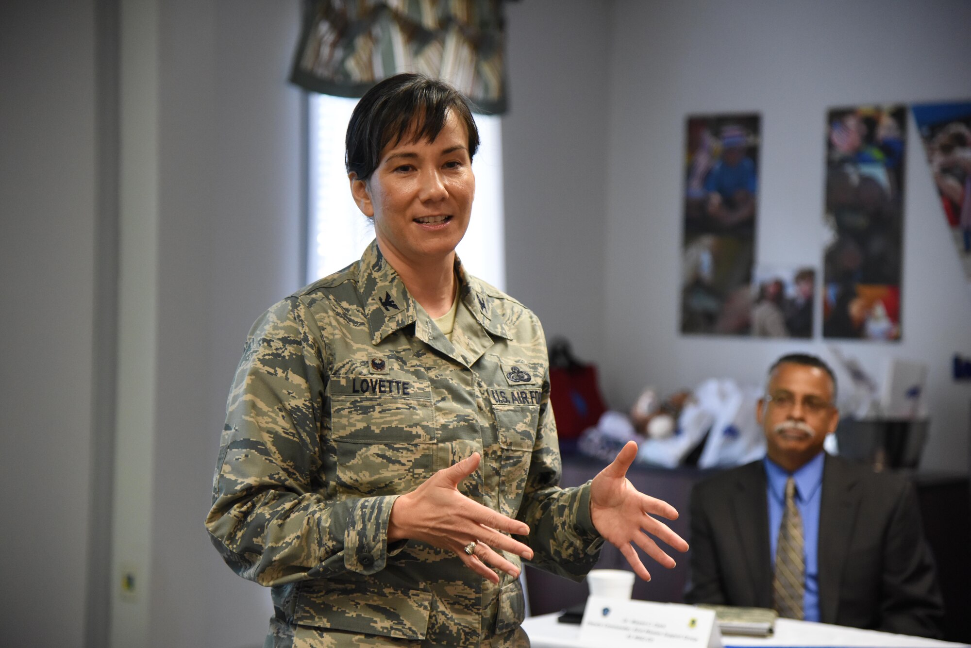 Col. Debra Lovette, 81st Training Wing commander, delivers welcoming remarks during an honorary commanders 81st Mission Support Group orientation tour in the Sablich Center Aug. 10, 2017, on Keesler Air Force Base, Miss. The honorary commander program is a partnership between base leadership and local civic leaders to promote strong ties between military and civilian leaders. (U.S. Air Force photo by Kemberly Groue)