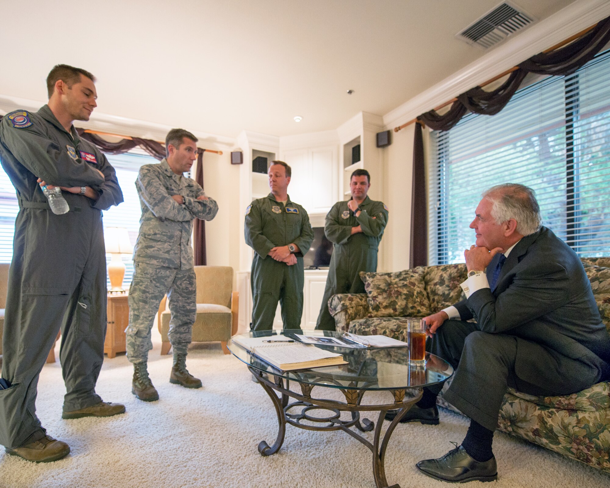 Secretary of State Rex Tillerson arrives at Travis Air Force Base, Calif., during a gas and go, Aug. 3, 2017. Tillerson stopped at Travis before heading to Manila, Philippines to attend the Association of Southeast Asian Nations Summit. (U.S. Air Force photo by Louis Briscese)