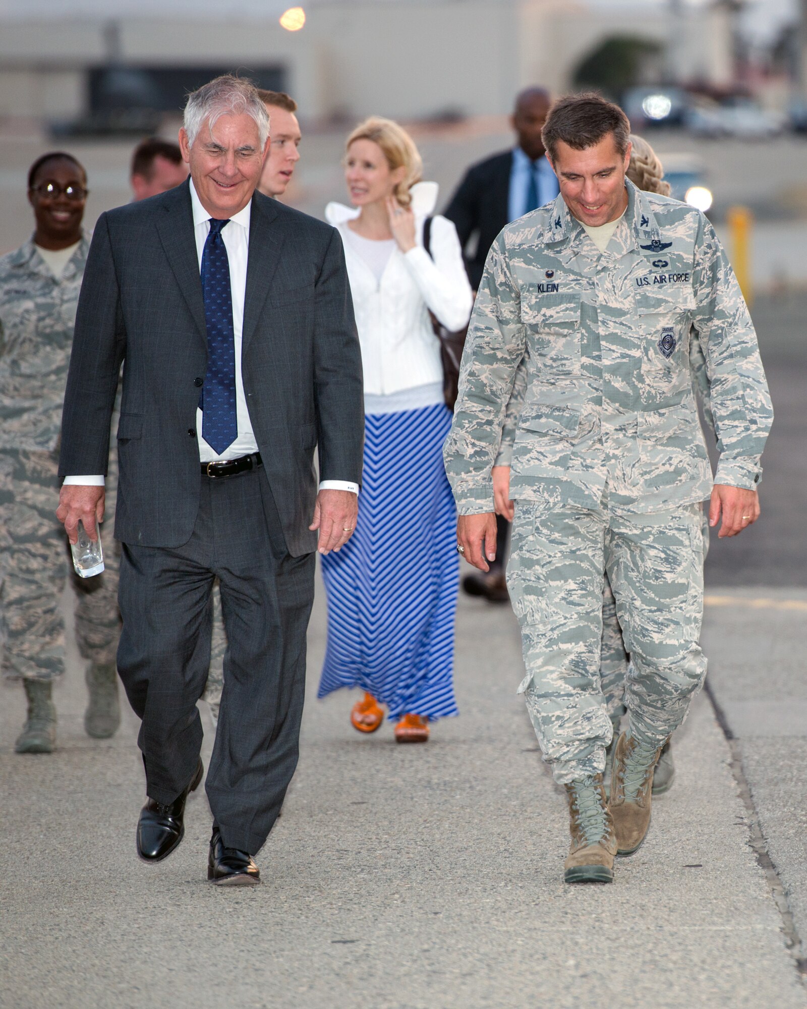 Secretary of State Rex Tillerson arrives at Travis Air Force Base, Calif., during a gas and go, Aug. 3, 2017. Tillerson stopped at Travis before heading to Manila, Philippines to attend the Association of Southeast Asian Nations Summit. (U.S. Air Force photo by Louis Briscese)