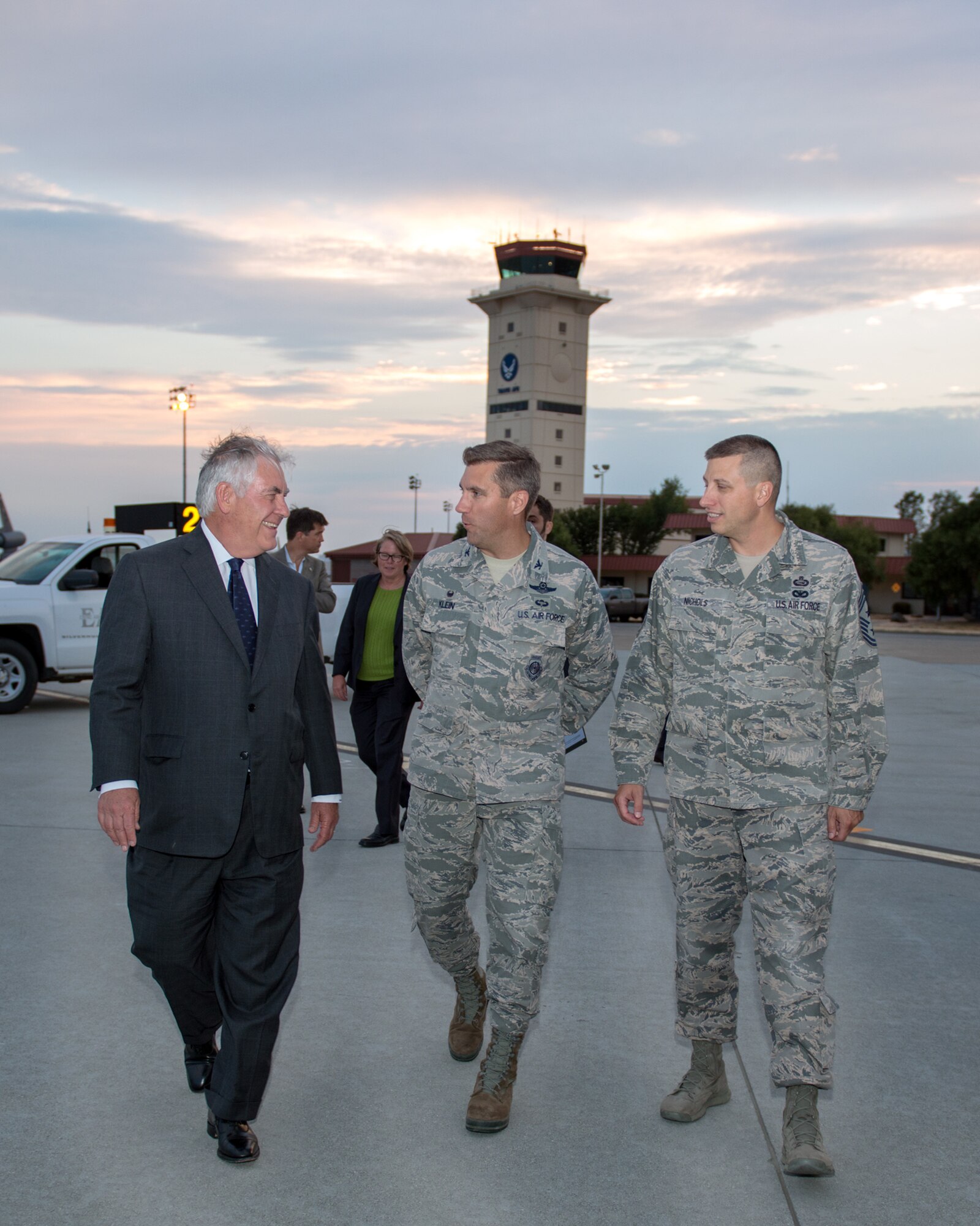 Secretary of State Rex Tillerson arrives at Travis Air Force Base, Calif., during a gas and go, Aug. 3, 2017. Tillerson stopped at Travis before heading to Manila, Philippines to attend the Association of Southeast Asian Nations Summit. (U.S. Air Force photo by Louis Briscese)