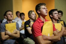 New recruits of Mike Company, 3rd Recruit Training Battalion, receive a Uniform Code of Military Justice brief at Marine Corps Recruit Depot San Diego, Aug. 14.