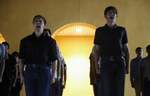Recruits of Mike Company, 3rd Recruit Training Battalion, are welcomed to the depot as they stand on the yellow footprints during receiving at Marine Corps Recruit Depot San Diego, Aug. 14.