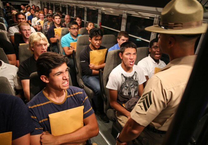 Recruits of Mike Company, 3rd recruit Training Battalion, are welcomed to recruit training during receiving at Marine Corps Recruit Depot San Diego, Aug. 14.