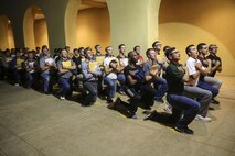 New recruits with Mike Company, 3rd Recruit Training Battalion, are given a Uniform Code of Military Justice brief at Marine Corps Recruit Depot San Diego, Aug. 14.