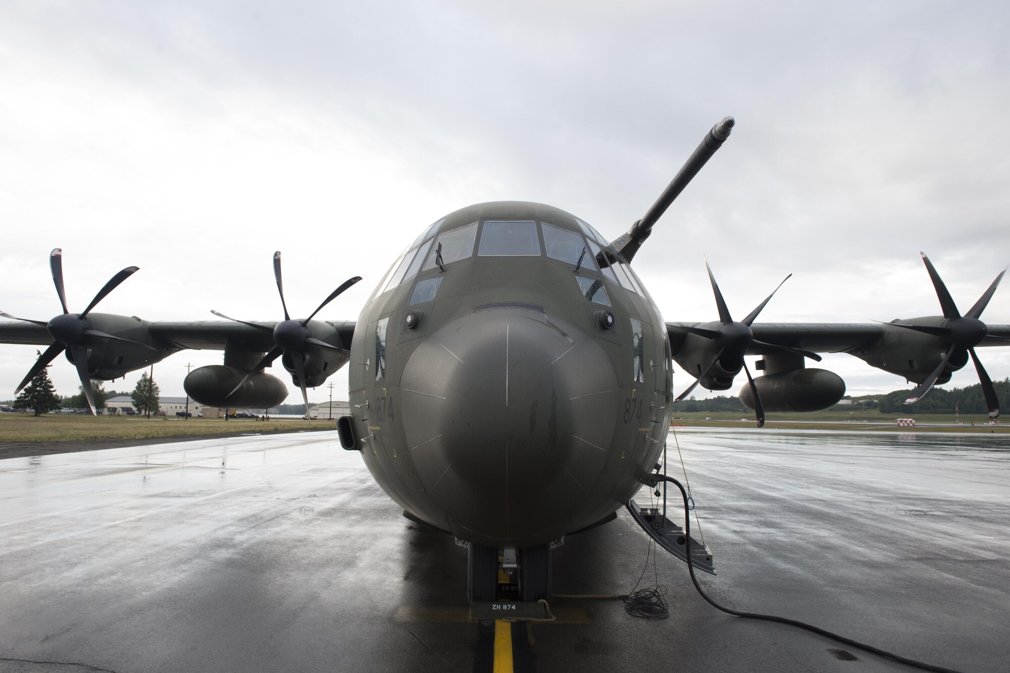 A British Royal Air Force 47th Squadron C-130 Hercules sits on the flightline at Joint Base Elmendorf-Richardson, Alaska, Aug. 11, 2017. The RAF airmen are at JBER for training exercise Red Flag-Alaska 17-3.
