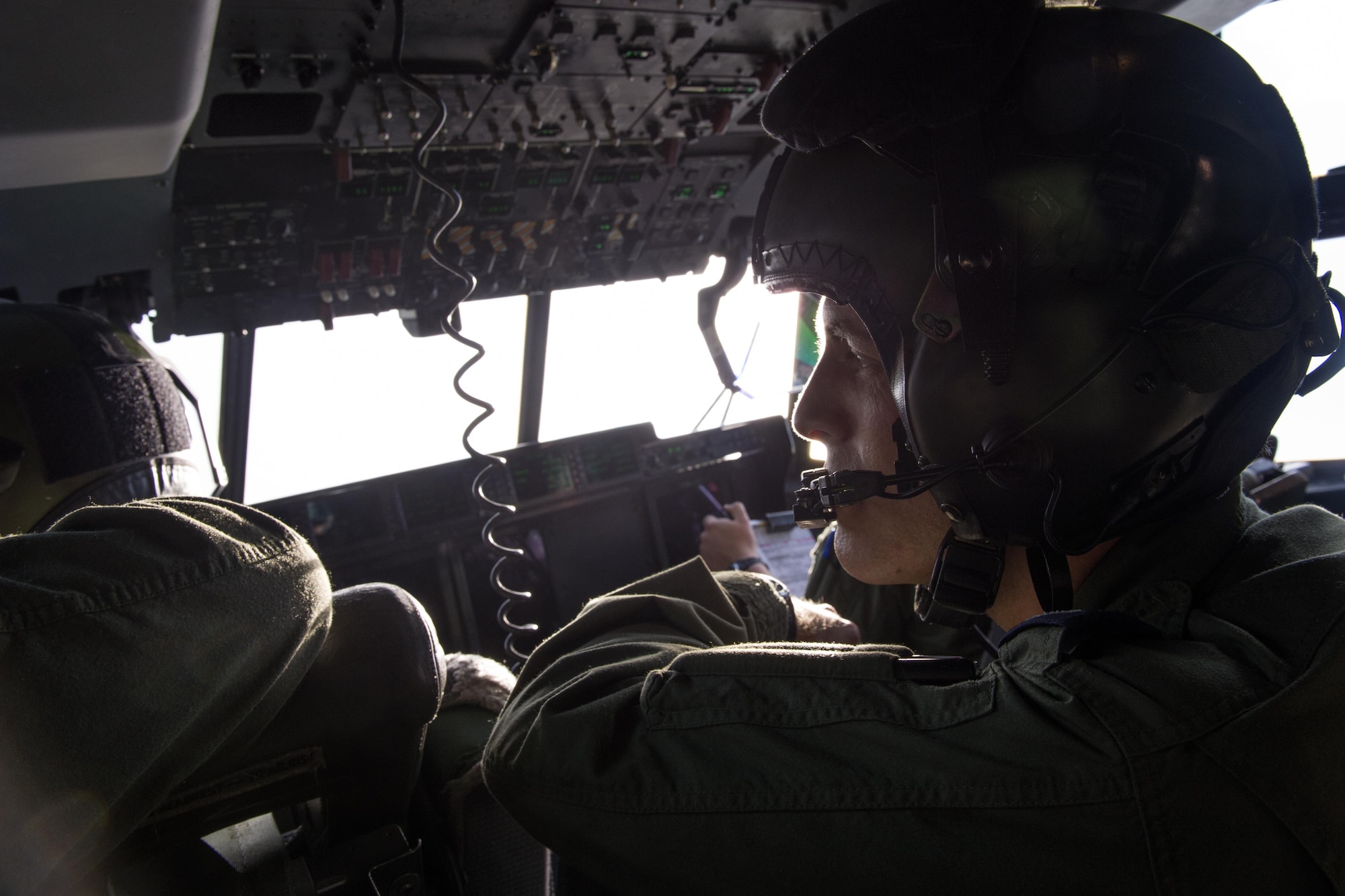 Personnel from the British Royal Air Force 47th Squadron perform a display of aerial acrobatics in their C-130 Hercules as part of Red Flag-Alaska 17-3, Aug. 11, 2017. Red Flag participants are organized into "red" aggressor forces and "blue" coalition forces. "white" forces represent the neutral controlling agency – RAF participants in this portion of the exercise were the blue forces.