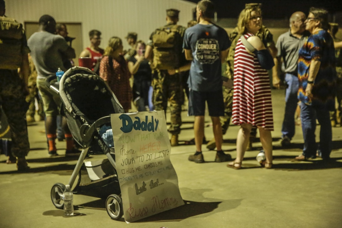 A sign welcoming back a Marine from deployment, at Camp Lejeune, N.C., August 12, 2017. Marines and Sailors returned from a 6-month Unit Deployment Program in Okinawa, Japan. V38 conducted exercises in Okinawa, Mainland Japan, South Korea, Thailand, the Philippines, Guam and other smaller islands. (U.S. Marine Corps photo by Lance Cpl. Leynard Kyle Plazo)