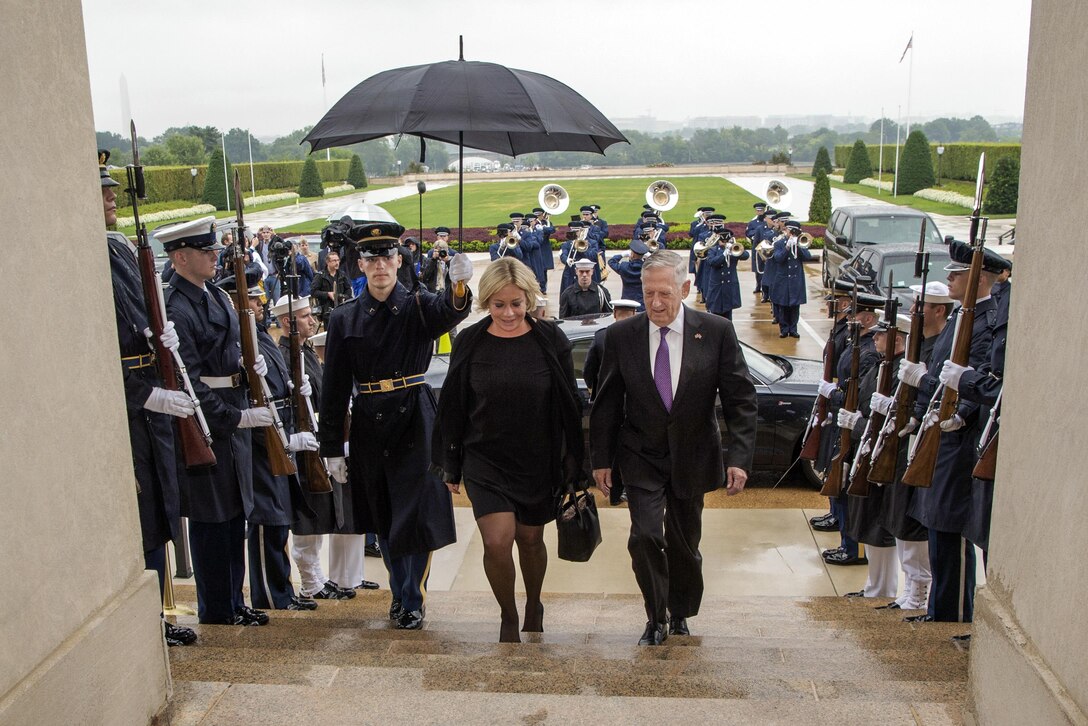 Defense Secretary Jim Mattis walks with the Dutch defense minister up steps into the Pentagon.