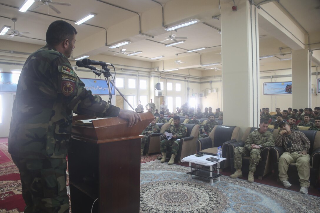 The Sergeant Major of the Afghan National Army, Command Sgt. Maj. Chamkani, addresses ANA noncommissioned officers at Camp Shorabak, Afghanistan, Aug. 13, 2017. From Aug. 12-14, ANA senior enlisted leaders held an NCO professional military education seminar. The three-day evolution stressed the importance of accountability, professionalism and the significance of taking care of junior soldiers. (U.S. Marine Corps photo by Sgt. Lucas Hopkins)